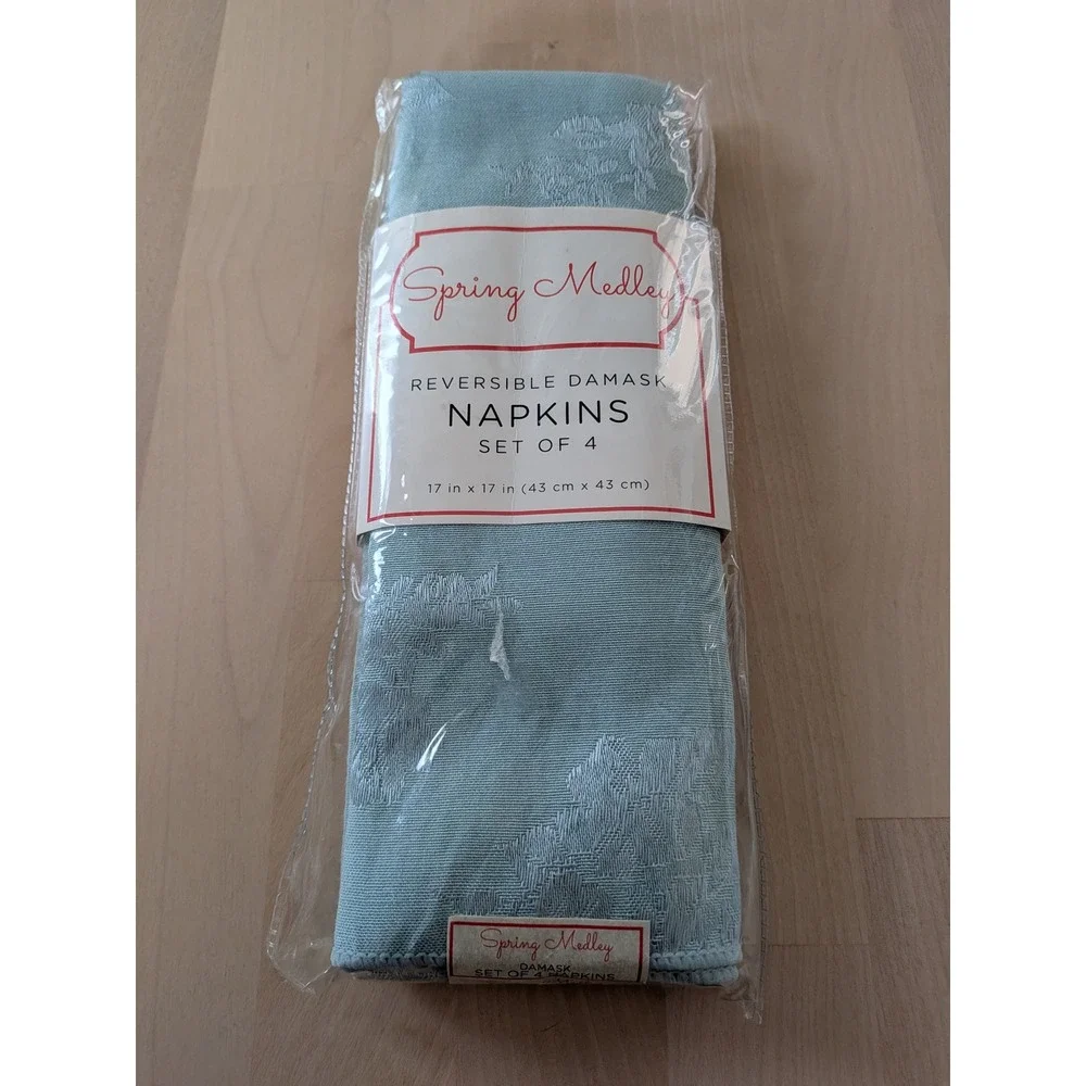 Spring Medley Mist Blue Reversible Damask Floral Napkins Set of 4 17x17 New